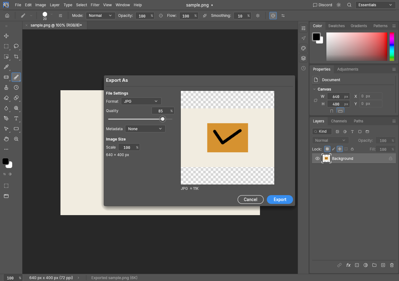 PhotoCraft Export As dialog with JPG selected at quality 85 percent and 640 by 400 pixels