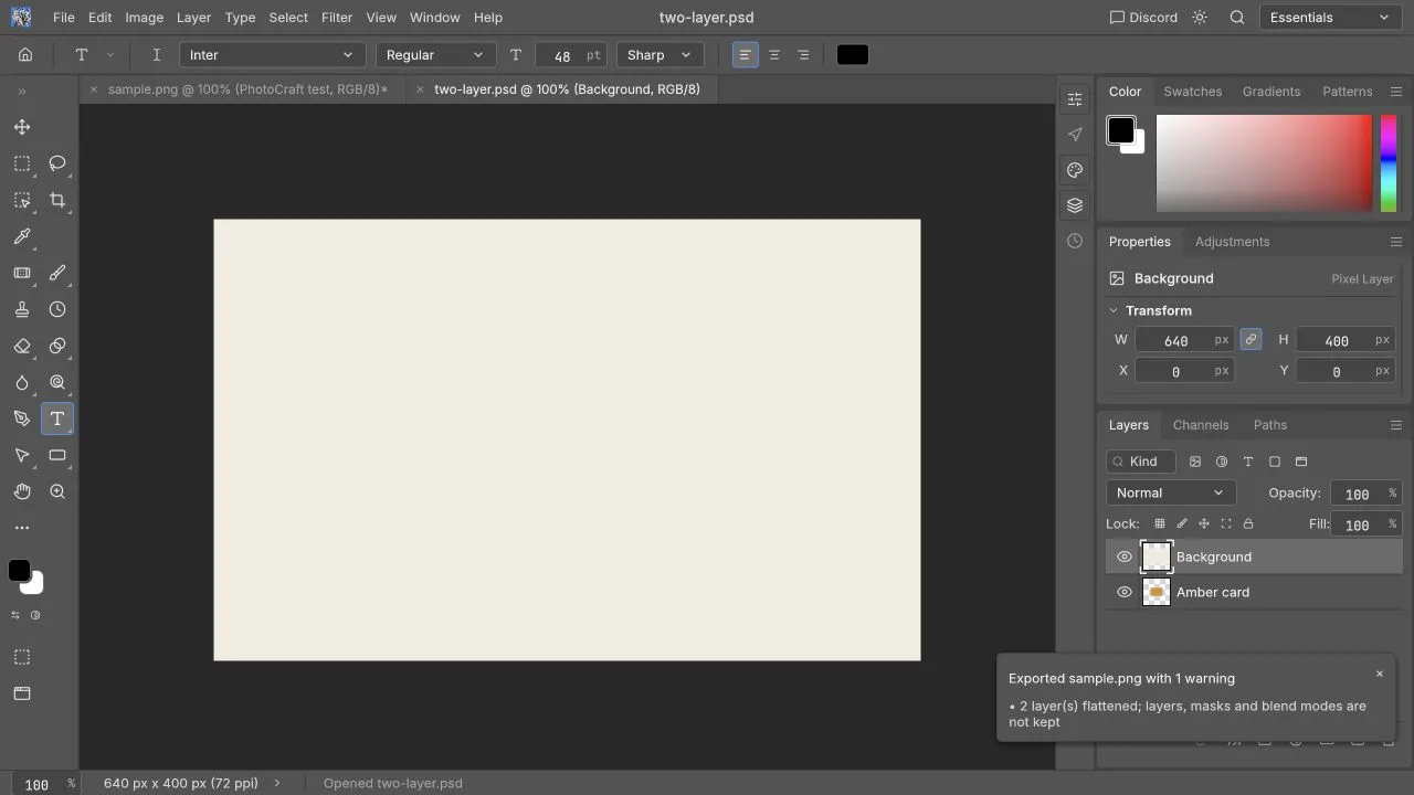 Two named PSD layers loaded, with Background initially covering Amber card